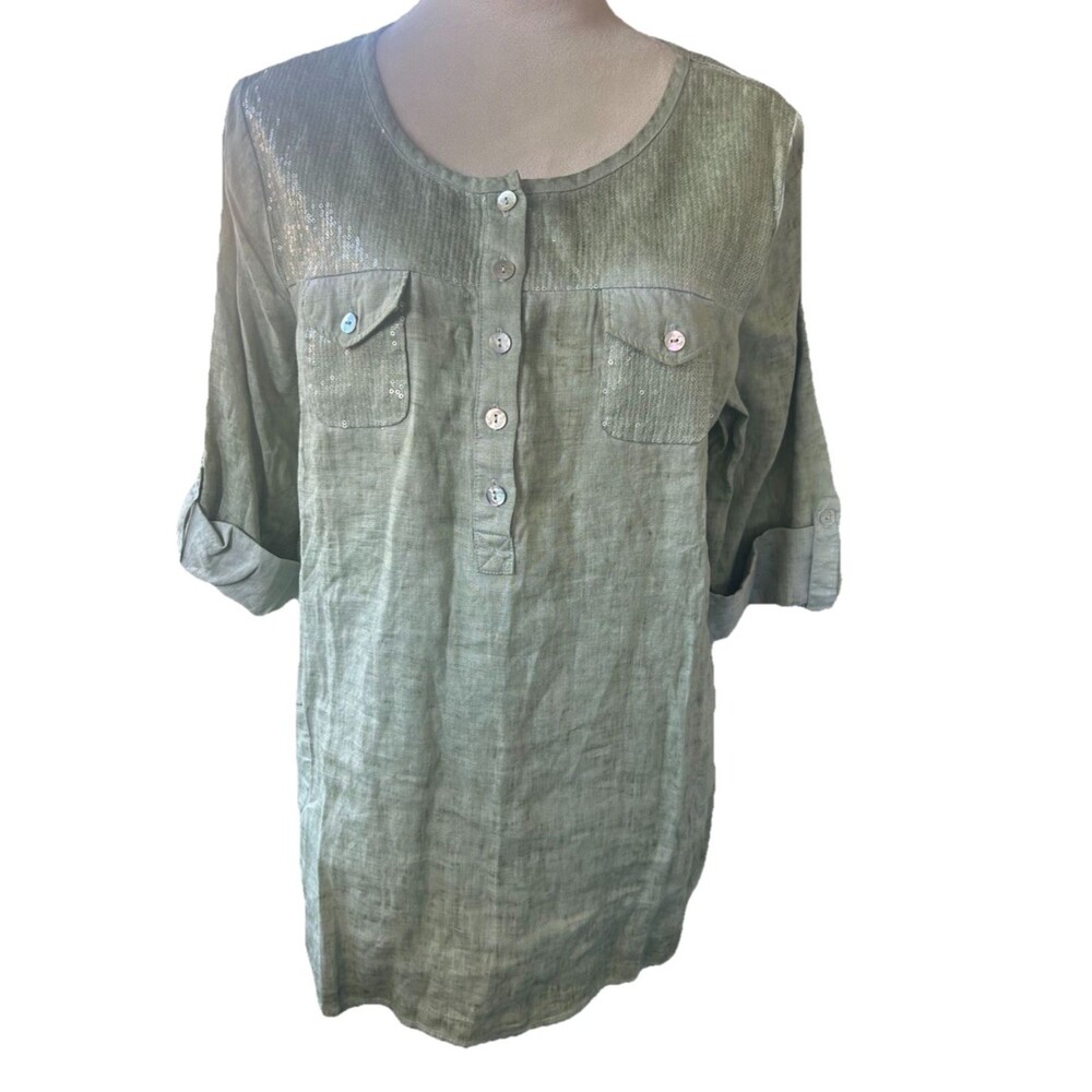 Soft Surrounding PXL 100% Linen Sequin Green Roll Tab Henley Pocket Tunic Top